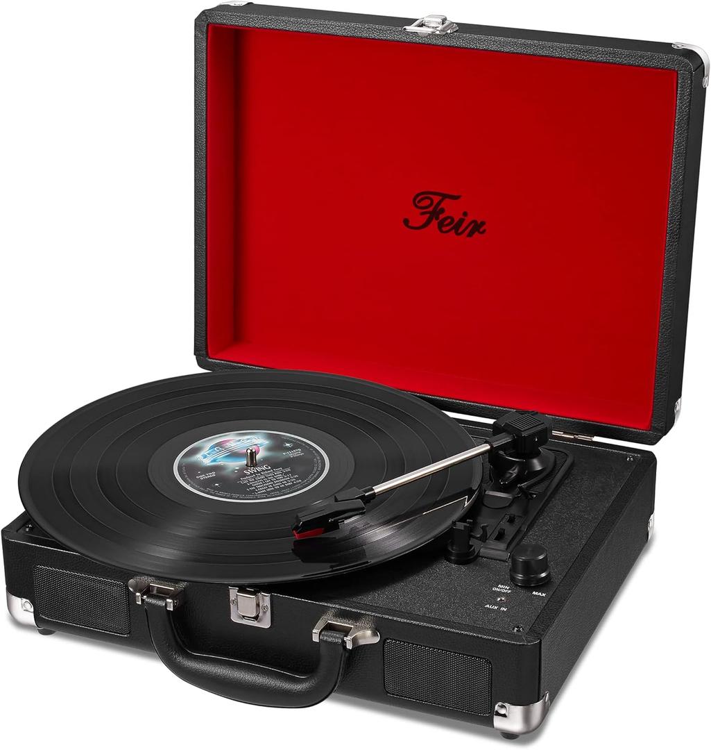 Vinyl Record Player with Speakers 3 Speed Portable Turntable Suitcase Built in 2 Speakers RCA Line Out AUX Headphone Jack -Black