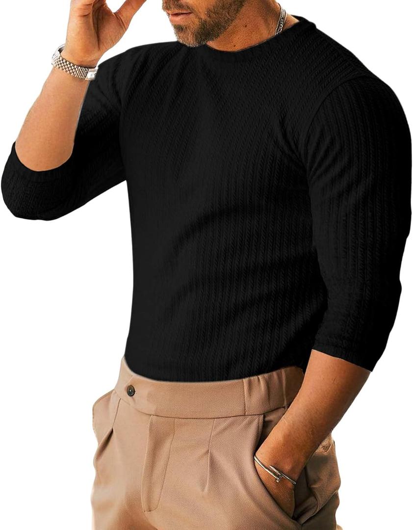 Men's Ribbed Knit T-Shirts Short Sleeve Casual Crewneck Slim Fit Textured Pullover Tees (Medium, B2 Black)