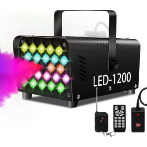 Fog Machine 24 Colorful LED Lights Effect 1200W Smoke Machine and 2500CFM Fog with 1 Wired Receiver and 2 Wireless Remote Controls Perfect Present for Christmas Party Wedding DJ Performance and Stage (9.8*5.5*4.7 Inch)