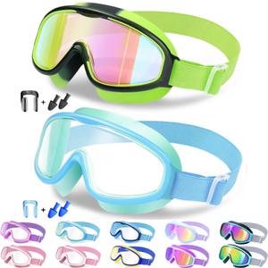 Vvinca Kids Goggles with Comfort Fabric Strap, Kids Swim Goggles Wide View Anti-Fog/UV No Leaking Swimming Goggles for 3-14 (01-green & Blue)