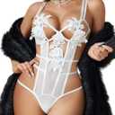 Avidlove Women Deep V Flower Lace Teddy Lingerie Sexy Bodysuit Cut Out One Piece Lingerie (White, L)