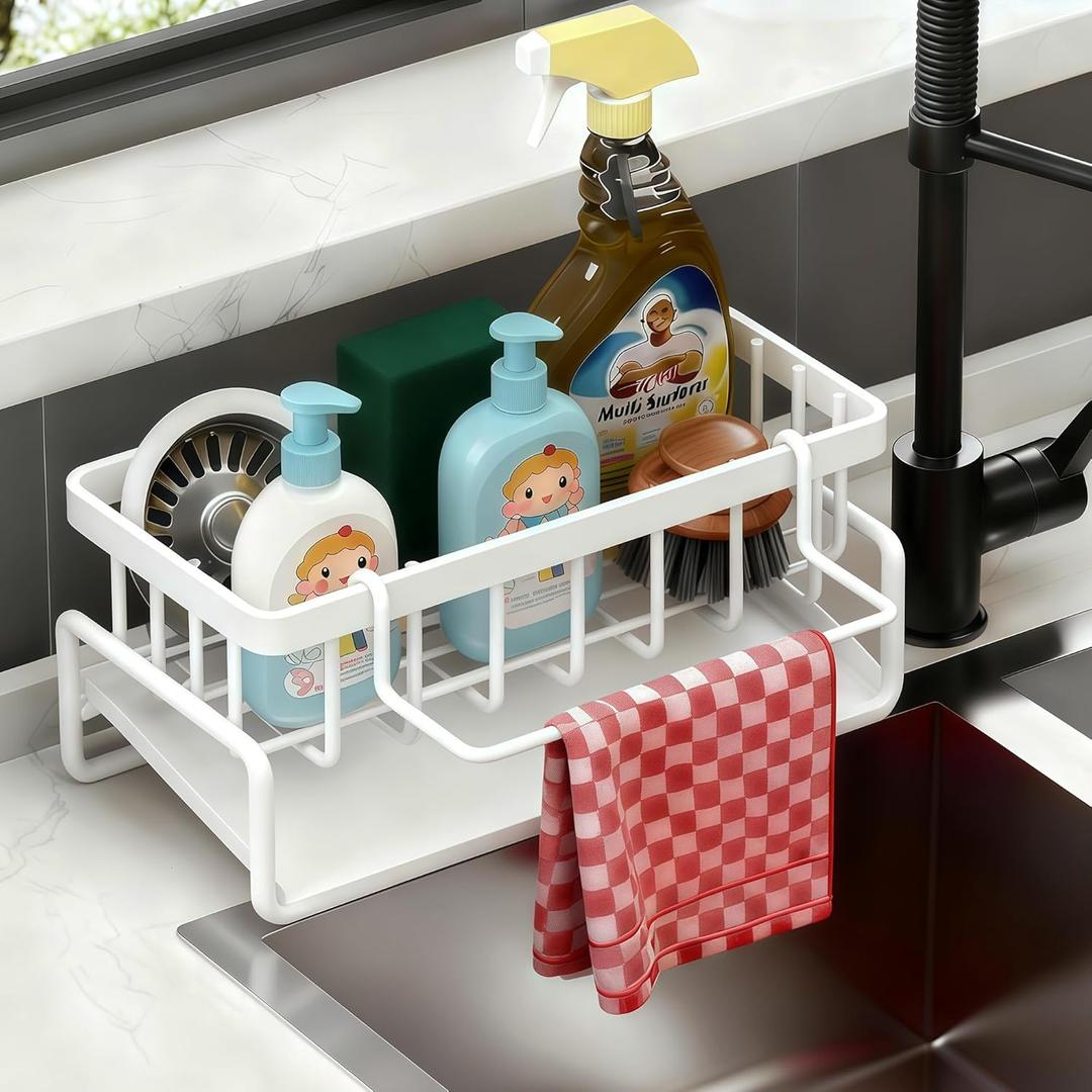 Sponge Holder for Kitchen, Sink Caddy Organizer Rack for Kitchen Accessories, Soap Dispenser Countertop Organizer Essentials for Home (White)