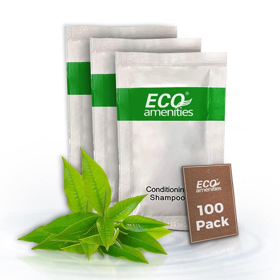 ECO Sachet Individually Wrapped Travel Toiletries, Bulk Mini Hotel Shampoo and Conditioner 2in1 10ml (100 pk) (0.34 Fl Oz (Pack of 100))