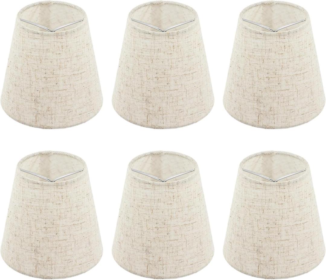 Set of 6 Chandelier Lamp Shades 5 Inch, Mini Barrel Lampshades Clip On for Table Lamp Wall Lamp Replacement, Natural Linen Mini Lamp Shade, 3.5x5x5.5in (Top Height Bottom)