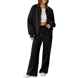 Aleumdr Women's 2 Piece Outfits Oversized Fleece Sweatsuit Zip Up Long Sleeve Sweatshirt with Wide Leg Sweatpants (Large, Black)