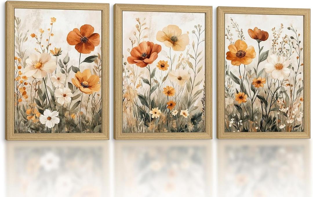 3Pcs Framed Canvas Wall Art Plant And Flower Print Wildflower Poster Pictures Vintage Nature Gallery Suitable For Living Room Bedroom Home Decor 16x24 Inch Ready To Hang