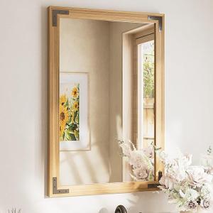 TETOTE 24 x 36 Wood Framed Bathroom Vanity Mirror for Over Sink, Rustic Natural Brown Wooden Rectangle Wall Mirror for Farmhouse Boho Decor,Waterproof, Horizontal/Vertical, Easy to Install