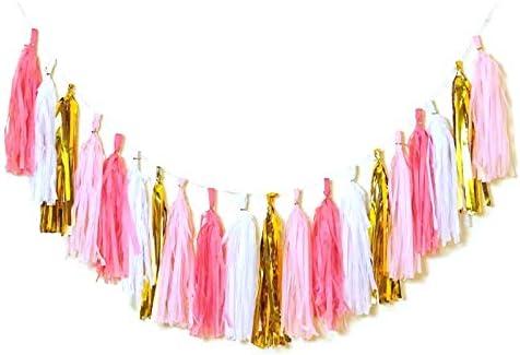 Qyeaber 20 pcs DIY Paper Tassel Tinsel Foil Tassel Party Garland Gold/Pink/Light Pink/Champagne, Fringe Garland Banner for Valentine‘s Day Wedding, Baby Shower, Birthday, Graduation, Party Decoration
