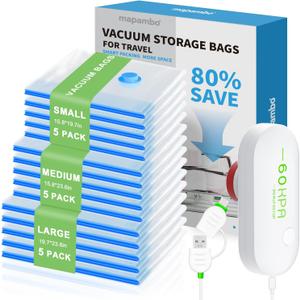 15 Pack Vacuum Seal Bags for Clothing Travel with -60000Pa USB Pump, Save 80% of Space for Clothes (15 Combo)