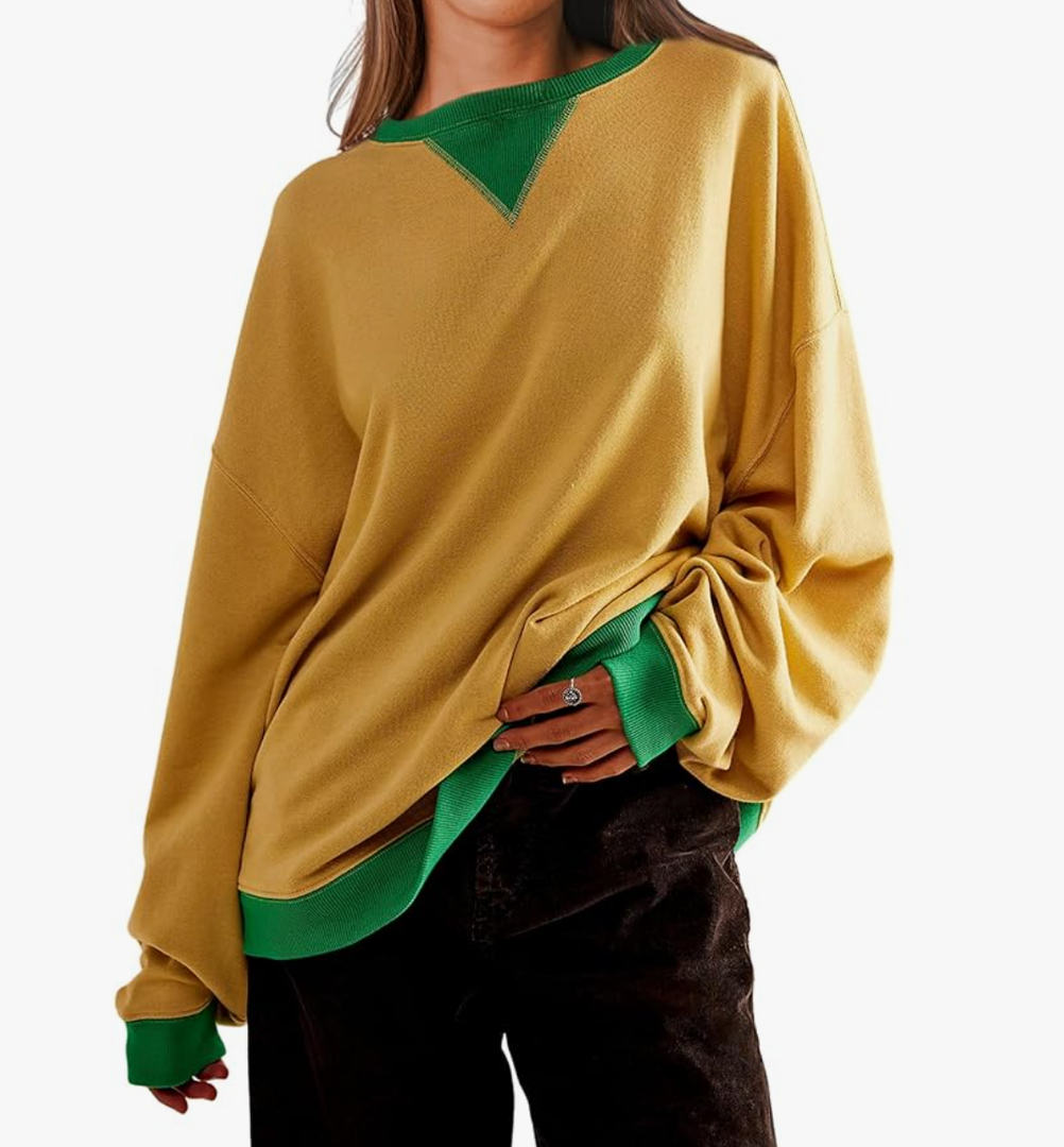 Gozoloma Women's Oversized Sweatshirt Color Block Long Sleeve Crewneck Tunic Tops Loose Fit Pullover, S