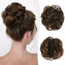 Claw Clip Messy Bun Hair Piece 100% Real Human Hair Buns Curly Chignon Hair Bun Extensions Wavy Tousled Updo Hair Buns Claw Clip Ponytail Hairpieces for Women(Dark Brown with Light Golden Brown) (40g)