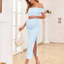 AISWI Maternity Mesh Split Dress Off The Shoulder Ruched Bodycon Pregnancy Dresses Baby Shower Photoshoot, Without Belt (Blue, L)