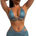 YAUASOPA Rave Outfits for Women 3 Piece Triangle Shiny Swimsuits Metallic Bikini Sets Thong Bathing Suit Beach Skirt Set Size L Blue