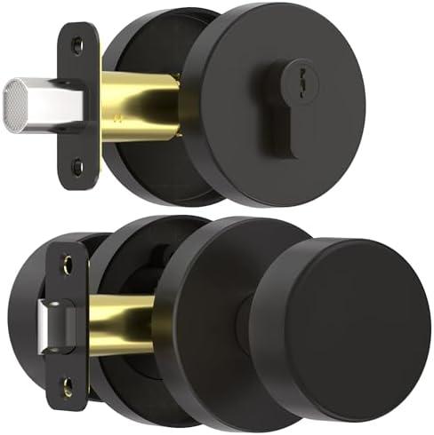 naubea Exterior Black Door Knob with Single Cylinder Deadbolt Lock Set, Round Entry Door Knob with Deadbolt Locksets, Matte Black Front Door Lock Set, Black Front Door Handle and Deadbolt Set