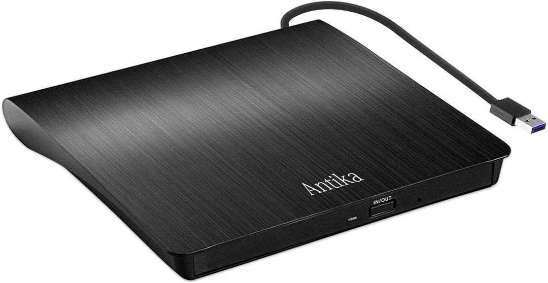 Antika External CD Drive USB 3.0 Portable Slim External DVD Drive CD DVD +/-RW ROM Burner Writer/Player for MacBook Pro Laptop/Desktops Win 11/10/7/8.1 (Black)