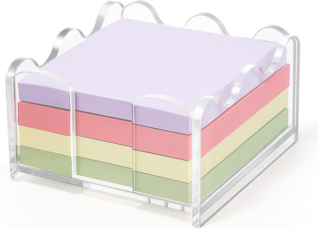 1pc Scalloped Acrylic Sticky Note Holder, 3x3 Inch Clear Cute Notepad Holder Sticky Note Dispenser with Wave Design, Thick Acrylic Desk Organizer for Office, Home, Dorm, Classroom Desk