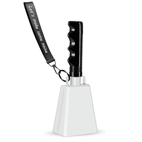 Cowbell Noise Makers with Handle and Wrist Strap – 8 Inch Loud Steel Cheering Cow Bells for Sporting Events, Football Games, Parties, Concerts & More (White)