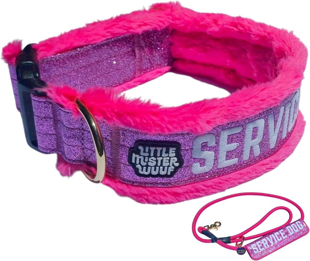 Service Dog Collar, Leash & Wrap Set Pink Sparkly Minky Adjustable for Medium & Large Dogs Durable Statement Design for Dogs that Stand Out (S: 15-17")