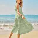 Newshows Women's 2024 Summer Midi Dresses Sleeveless Crewneck Beach Boho Casual Loose Long Flowy Tiered Sundress with Pockets (Green, S)