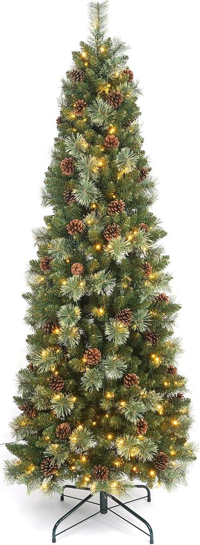 HomeKaren 6.5 Ft Prelit Christmas Tree, Artificial Pencil Christmas Tree with 250 LED Lights, Pine Needles and Pine Cones Xmas Decoration for Home