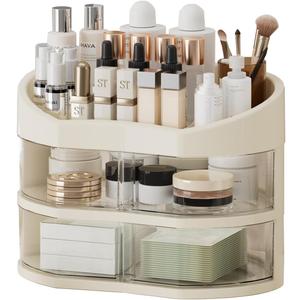 UFORU Makeup Organizer for Vanity, Countertop Organizer with 360° Rotating Drawer, Spacious Cosmetic Display Case for Beauty Essential, Skincare, Lipstick, 2 Drawers