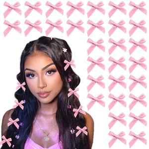 YAEISM 30PCS Bow Hair Clips Pink Satin Mini Bowknot Hair Accessories Cute Hair Bow Barrettes Ribbon Hairpins for Women Girls