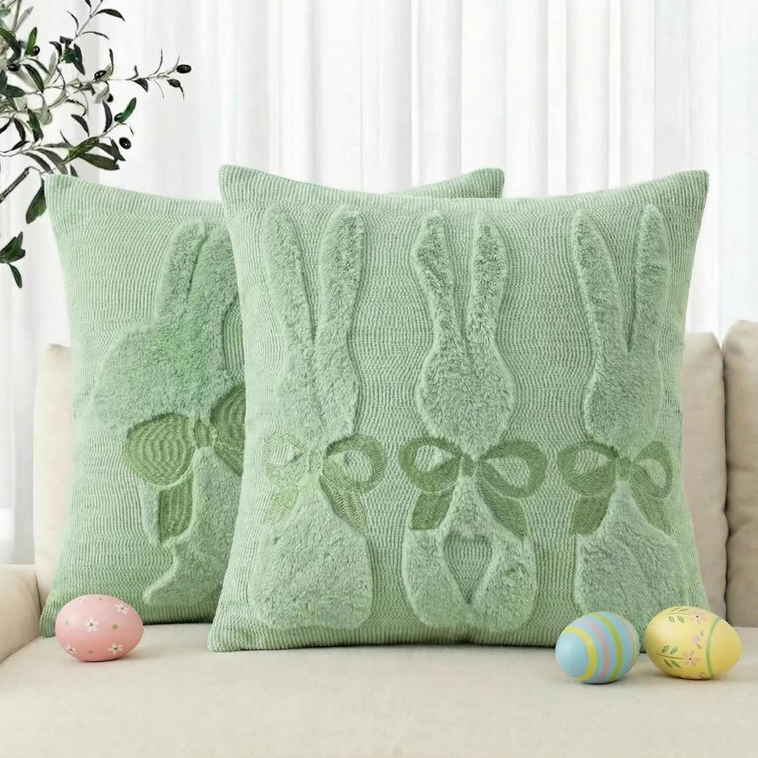 AVOIN colorlife Easter Rabbits Green Embroidery Throw Pillow Covers, 18 x 18 Inch Bunny Soft Plush Faux Fur Jacquard Cushion Case Decoration for Sofa Couch Set of 2