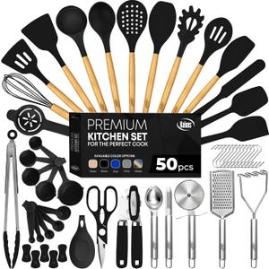 Kaluns 50 PCS Silicone Kitchen Utensils Set Complete Kitchen Set - 800F Heat Resistant Non-Stick Premium Cooking Utensils W Wooden Handles - Can Opener, Masher, Turner, Silicone Spatula Set (Black)