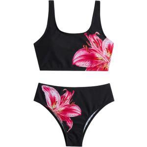 RoseSeek Girl's 2 Piece Striped Bowknot Swimsuit Set Wireless Cute Bathing Suit Summer Beachwear Bikini Sets (10 Years, Floral Black)