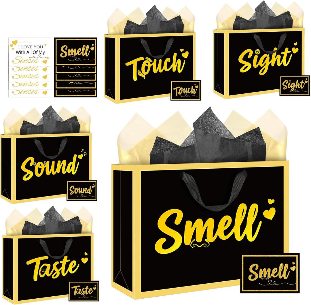 2 x Five Senses Gift Bags for Mother - 5 PCS Black and Gold Gift Bags Mothers Day with Handle Greeting Card Tissue Paper Sight Smell Touch Taste Sound Foil Stamping Gift Bag for Him Her for Birthday Anniversary Wedding 12 Inch
