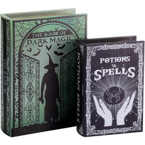 Set of 2 Magic Nesting Halloween Books Decoration Witch Potion Dark Magic Pattern Spooky Holiday Themed Fake Faux Hollow Book Boxes Decorative Vintage Gothic Jewelry Trinket Storage Box