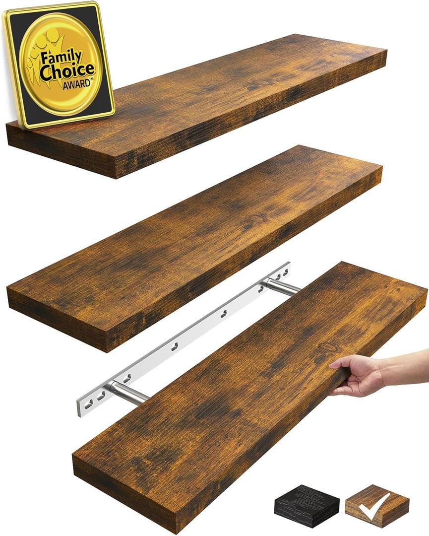 BAYKA Floating Shelves for Wall, 22.5 inches Wall Mounted Rustic Wood Shelves for Bathroom, Bedroom, Living Room, Floating Shelves for Books/Storage/Decor(Rustic Brown,Set of 3) (22.5inches)