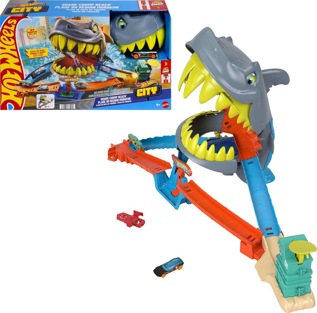 Hot Wheels Toy Car Track Set, City Shark Chomp Beach Playset with 1:64 Scale Die-Cast Vehicle. 2 Ways to Play, Knock Out the Shark or Get Eaten