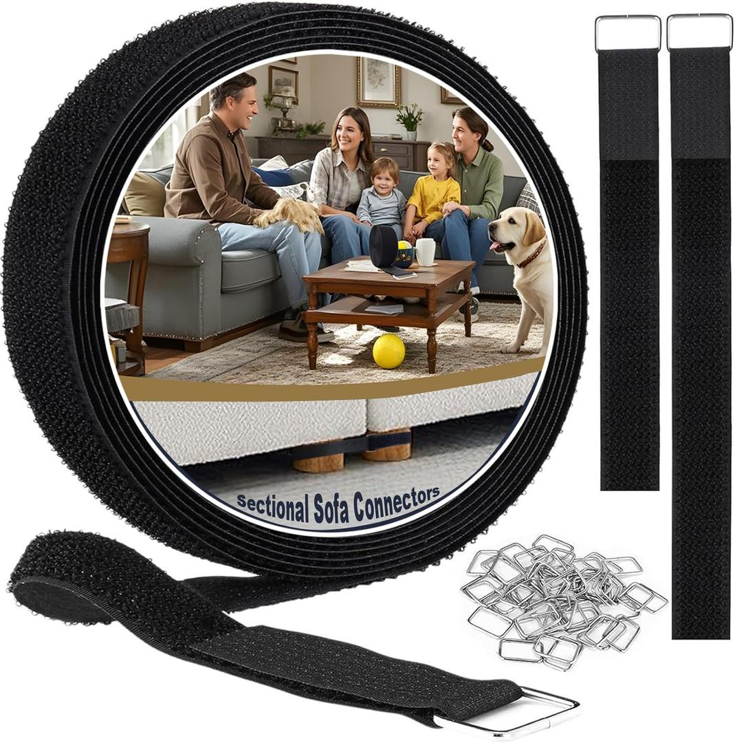 1" x 32.8FT Sectional Couch Connectors to Make Sectional Stay, Hook and Loop Straps for Sliding Sofa, Easy to Cut & Install, No Tool Required, with 50 Metal Buckles