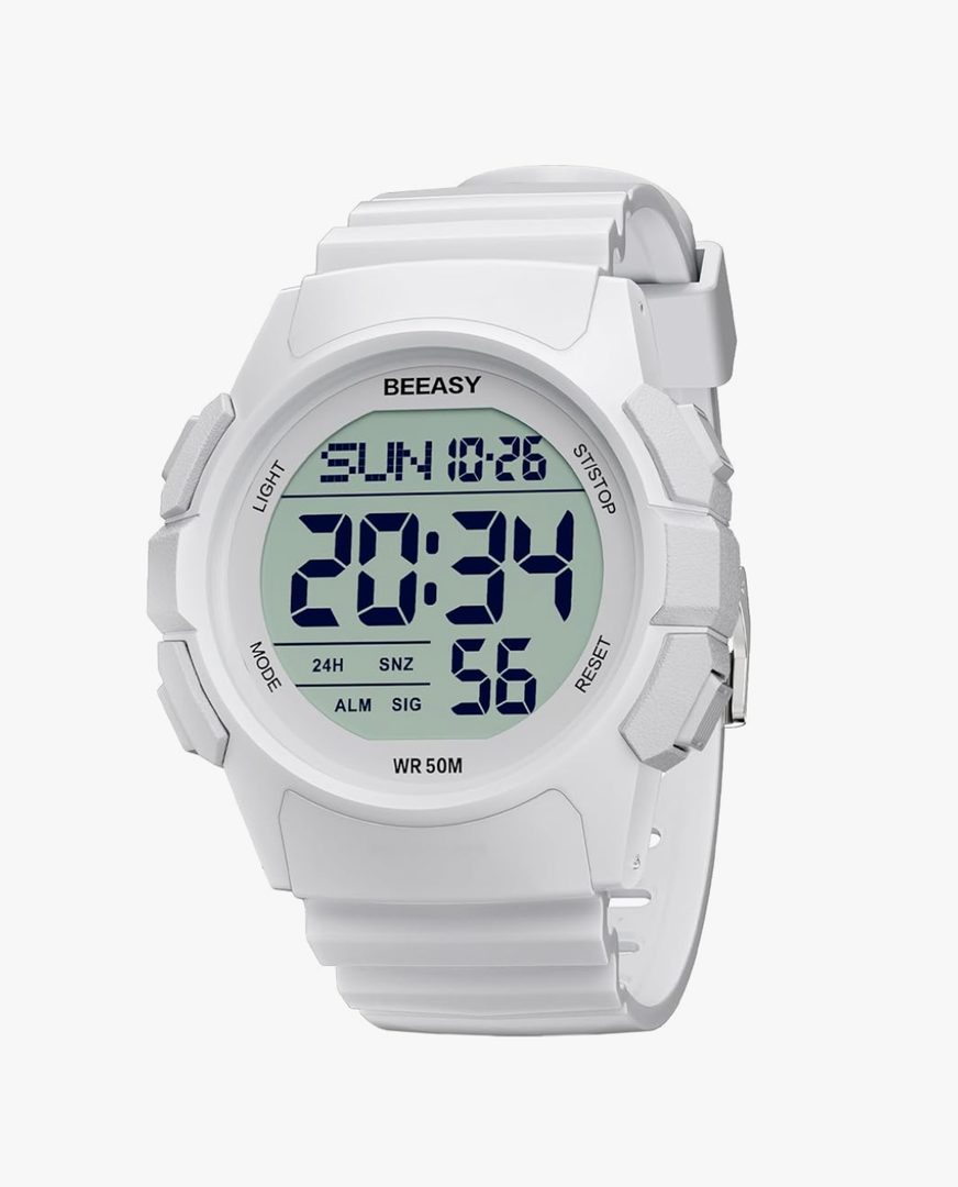 eeasy Men Digital Sports Watch,Waterproof Watch with Stopwatch Countdown Timer Alarm Function Dual Time Rubber Strap Wrist Watch for Men/Student, White 