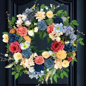 22 inch Spring Wreath Artificial Flower Wreaths Spring Summer Yellow Blue Rose Hydrangea Wreaths Front Door Hallway Window Decoration Wedding Birthday Decoration