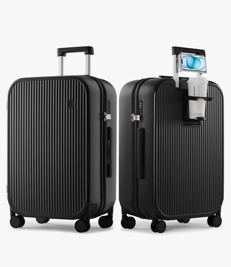 mixi Checked Luggage with Cup Phone Holder Hard Shell Rolling Travel Suitcases with Spinner Wheels,26 Inch Black