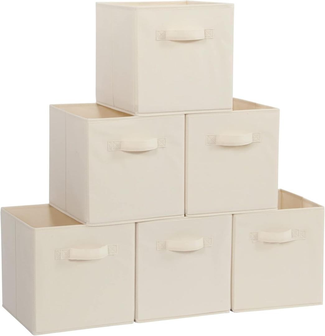 STORAGE MANIAC Storage Cubes, 11 Inch Collapsible Storage Bins with Handles, 6 Pack Fabric Foldable Bins for Organization, Durable Storage Bins for Closet, Shelves, Offices, Toys, Beige