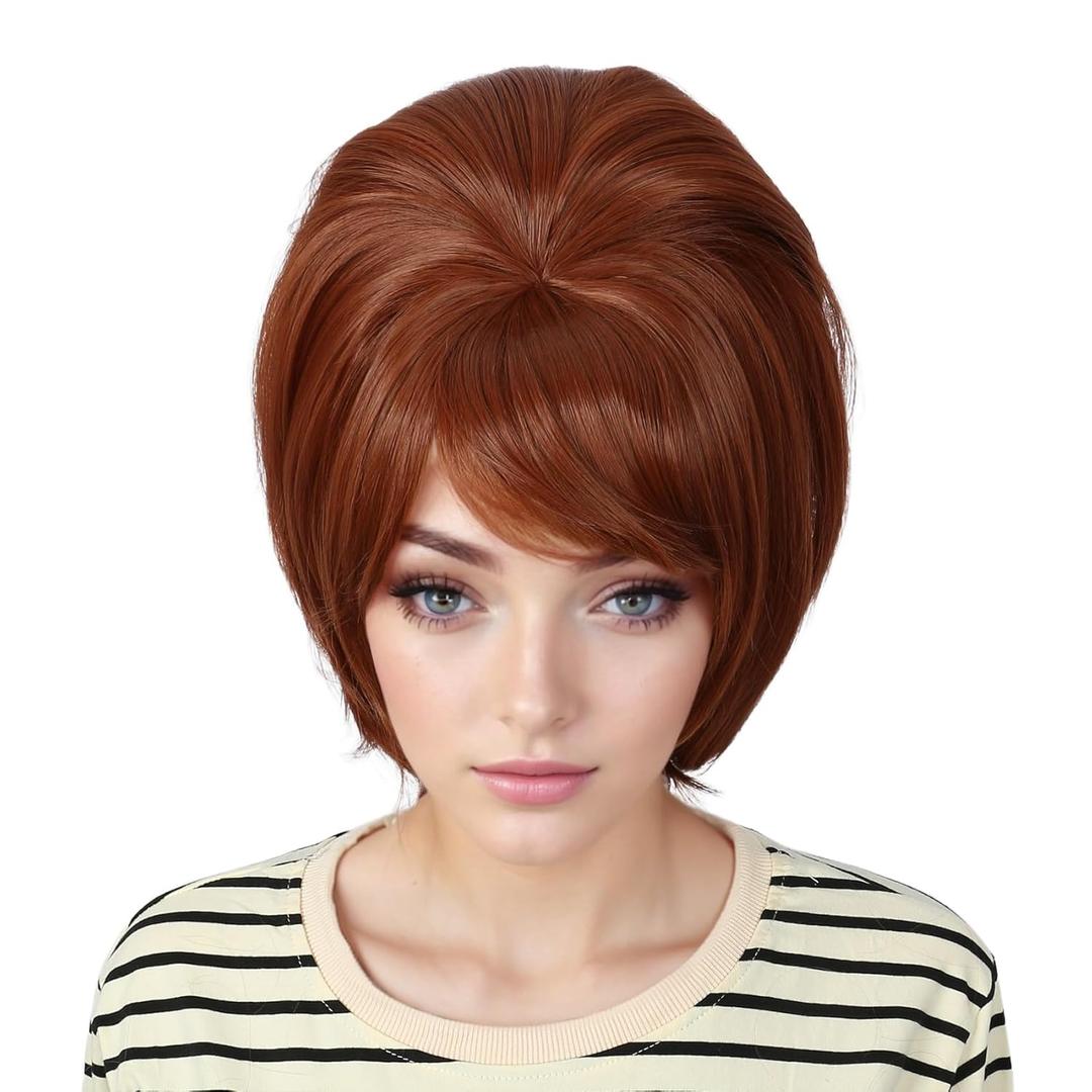 Retro Wig 50s 60s 70s Wig with Bangs for Women Synthetic Hair for Halloween Costume Party(Brown)