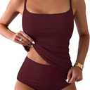 Eomenie Women's Swimsuit Tankini Tummy Control Bathing Suits Two Piece Full Coverage Slim Swim Suits with High Waisted Bottom (L, Wine Red-ribbed)