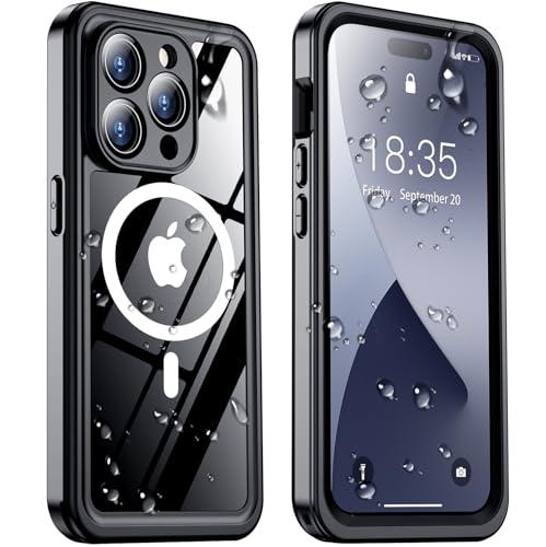 Temdan Magnetic for iPhone 14 Pro Case Waterproof, Built-in Screen Protector[IP68 Underwater][Compatible with MagSafe][Full Body Shockproof][Military Dropproof] Case for iPhone 14 Pro-Black/Clear