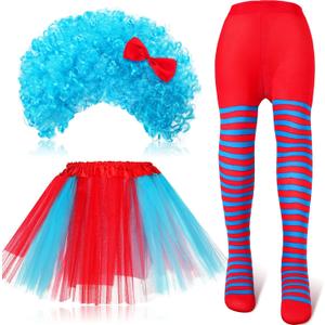 Janmercy 3 Pcs Tulle Tutu Costume Accessories Set Tutu Skirts Blue Wig Full Length Striped Tights Halloween Girls Costumes (2-8 Years)