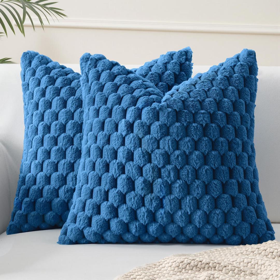 MIULEE Navy Blue Faux Fur Decorative Throw Pillow Covers 16x16 Inch Set of 2 Super Soft Cozy Plush Cushion Cases Luxury Fluffy Pillowcases for Sofa Couch Bed Living Room