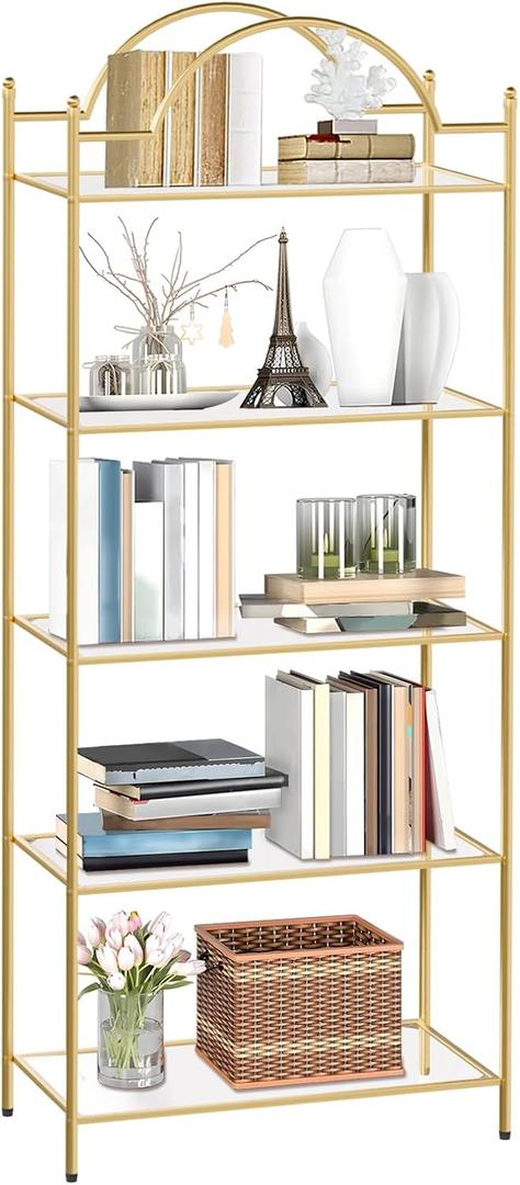 5 Tier Metal Book Shelf for Storage, Gold and Glass Bookshelf, 13"D x 26"W x 66.3"H