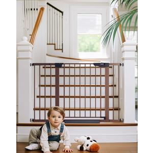 Cumbor 29.7-48" Baby Gate for Stairs, Mom's Choice Awards Winner-Dog Gate for Doorways, Auto Close Safety Pet Gate for Dogs Indoor, Easy Install Pressure Mounted Child Gate with Walk Thru Door, Brown