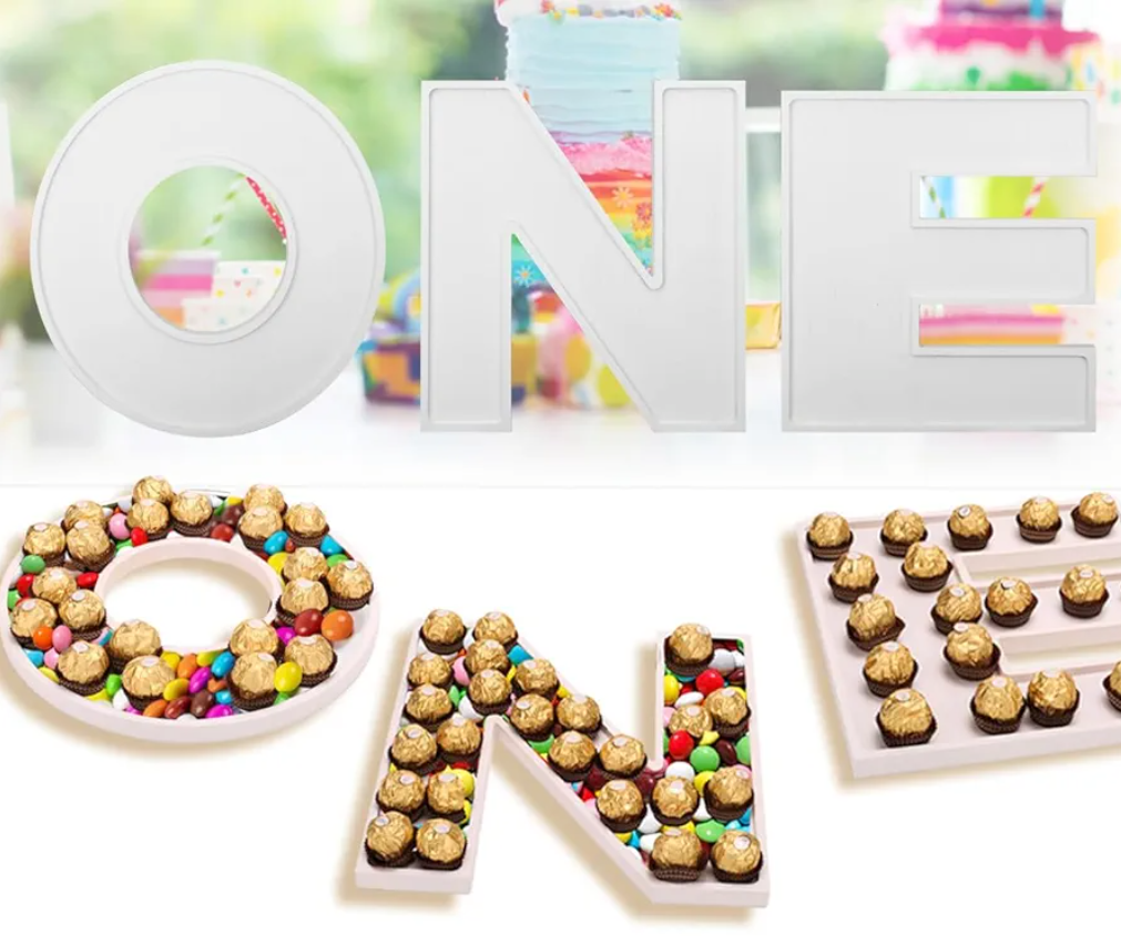 3PCS Larger Charcuterie Letter 12” ONE fillable Tray, Baby Serving Trays for Food, Wood Letter Chocolate Candy Tray for Baby Shower Party Favors (ONE- White)