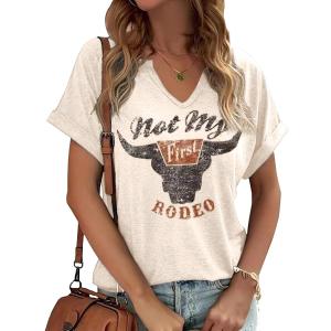 Summer Sexy V-Neck Vintage Western Rodeo Cowboy Steer Skull Shirt for Women Casual Boho Cowgirl Boots Graphic Tees (Yellow, M)