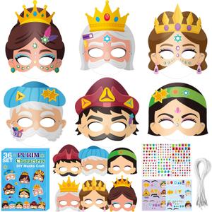 WATINC 36Pcs Purim Day DIY Mask Craft Kits, Make Your Own Holiday Purim Story Character Masks for Kids, Jewish Party Costume Gifts School Home Role Play Cosplay Activities Favors Supplies Decorations
