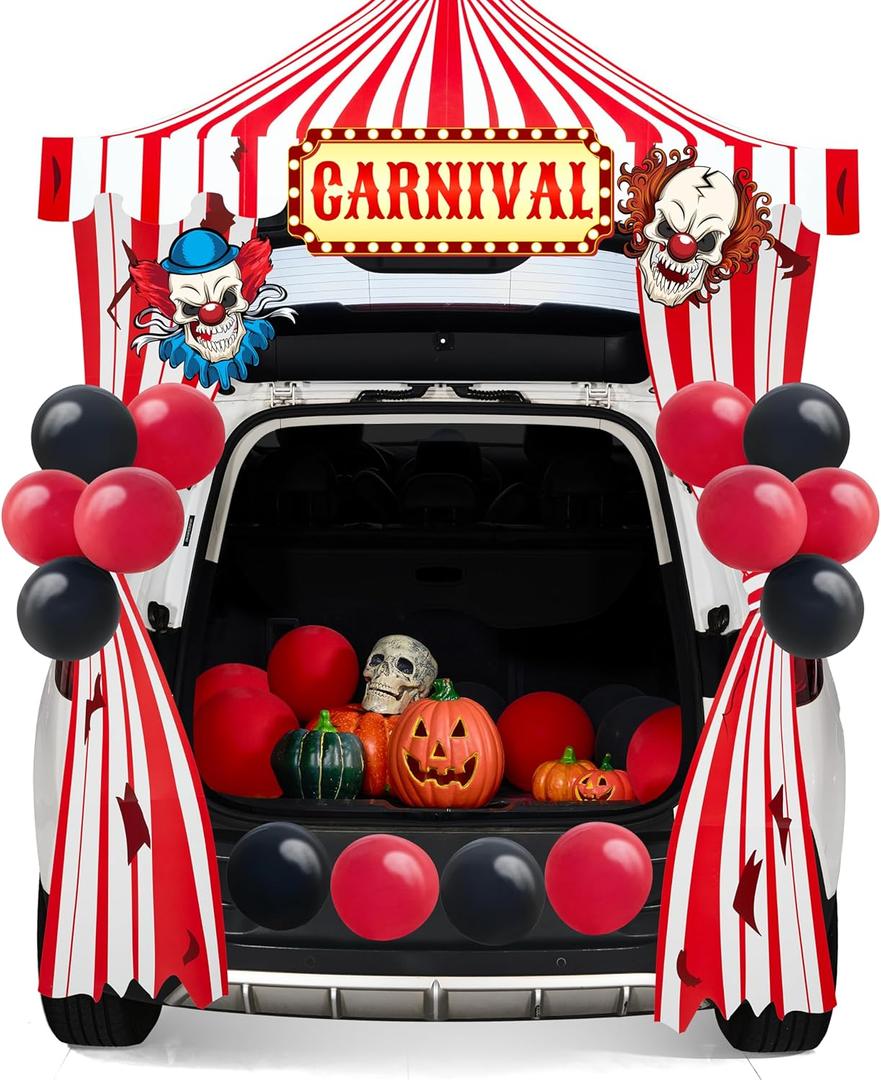 JOYIN Trunk Or Treat Car Decor Kit for SUV Halloween Decorations Outdoor Circus Carnival Clown Design, LED Lights Boards Stickers for Haunted House Door Archway Entryway