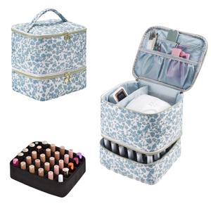 Upgraded Nail Polish Organizer Case - Holds 30 Bottles and 1 Nail Light, Double-layer Nail bag Organzier Case Nail Polish Storage Bag with Handles (Blue-Flower)